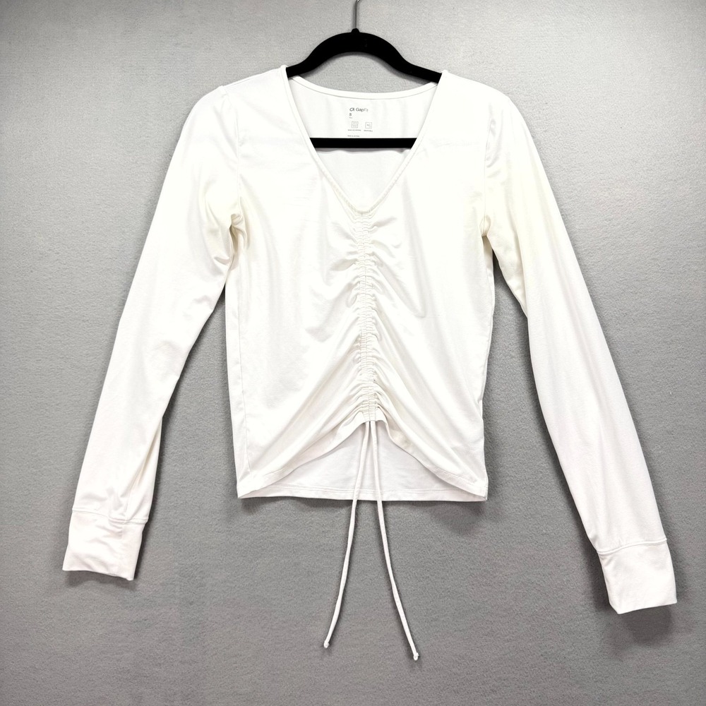 Gap Blouse Top Women Tall Small White Moisture-Wicking Drawstring Ruched Fitness